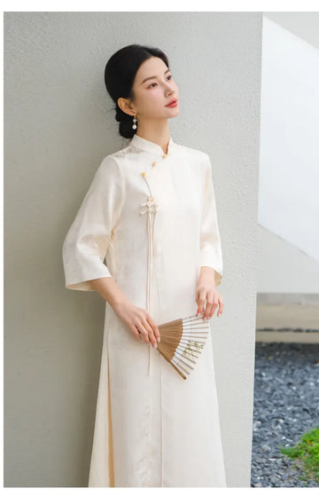 Ivory Loose Qipao Cheongsam Dress – New Chinese Zen-Inspired Design