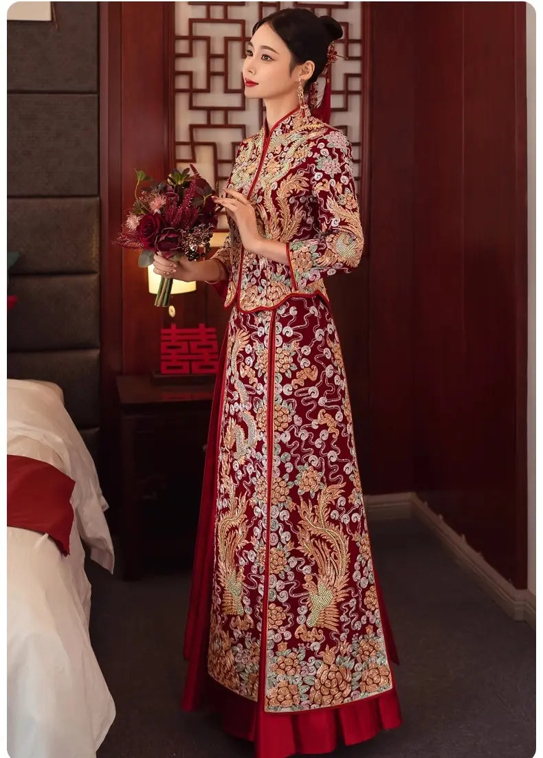 Traditional Chinese Wedding Dragon Phoenix Qun Kwa dress for bride