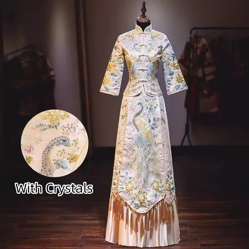 Chinese Wedding Off White Qun Kwa Dress with Peacock for bride and dragon tang suit for groom