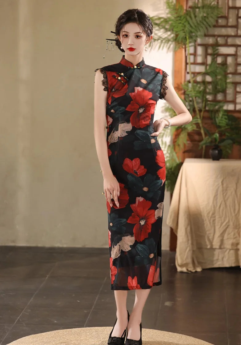 Woman wearing a Red Black Floral Cheongsam Qi pao Dress  in an indoor setting with plants and a couch.