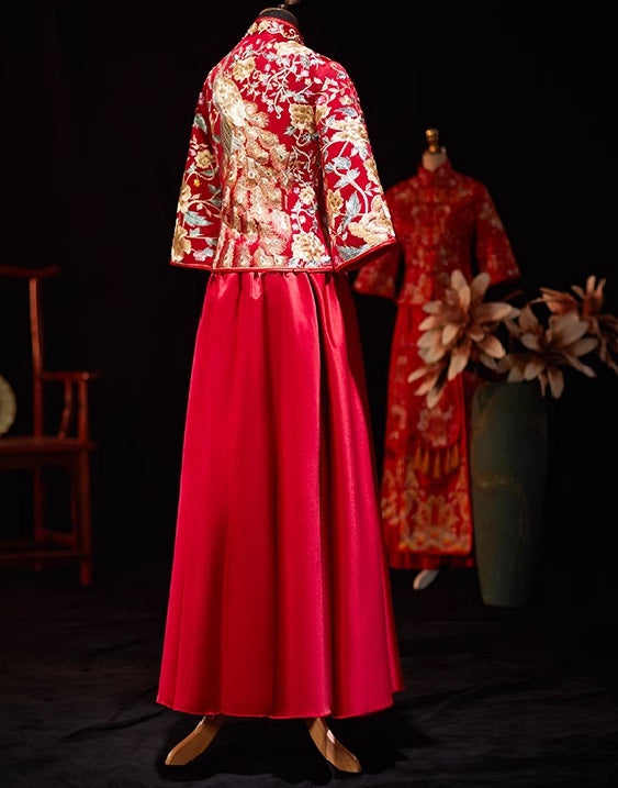 Red Chinese Wedding Bridal Qun kwa Dress| Peacock Plain