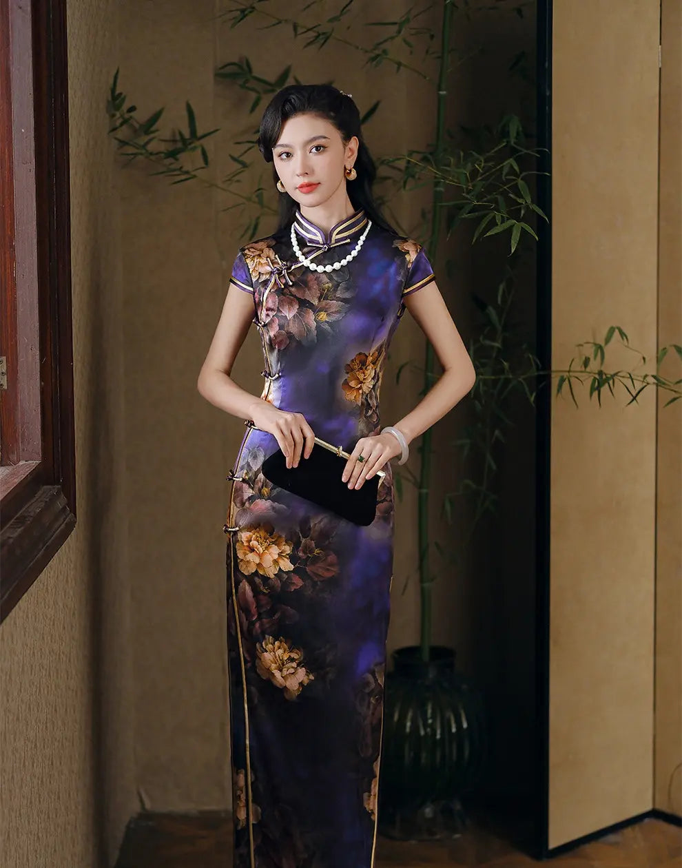Vintage-Inspired Purple Silk Qipao with Floral Print