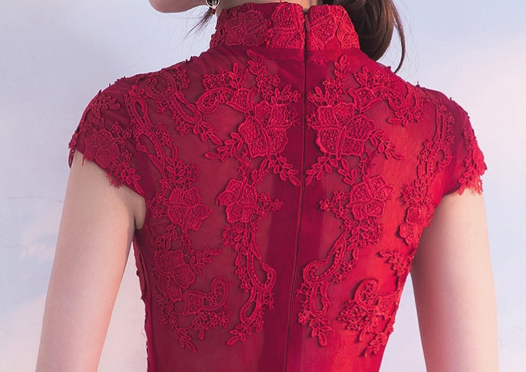 Chinese Red Lace Bridal Cheongsam  Qipao Dress - Oriental Me