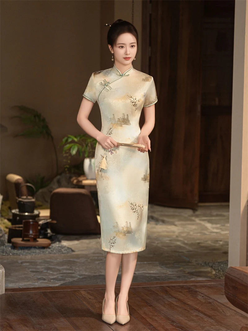 Woman wearing a Beige Vintage Short Sleeve Midi Qipao Dress  in an indoor setting