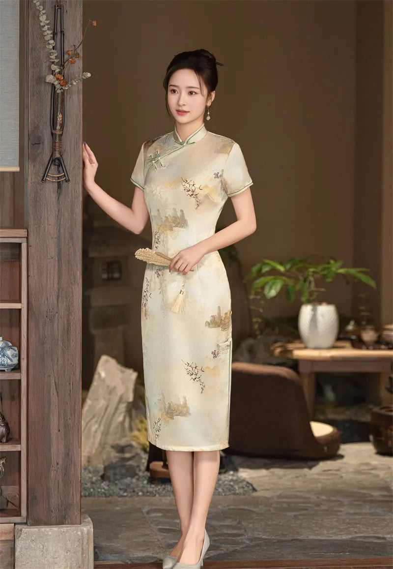 Woman in a traditional floral Beige Vintage Short Sleeve Midi Qipao Dress standing in a room with wooden furniture and plants.