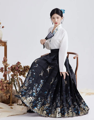 Black Ming-style Waven Gold MaMian Skirt and Cross-collar Blouse