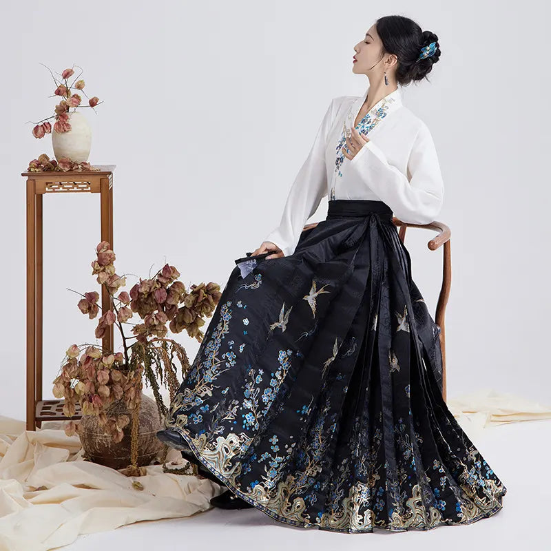 Black Ming-style Waven Gold MaMian Skirt and Cross-collar Blouse