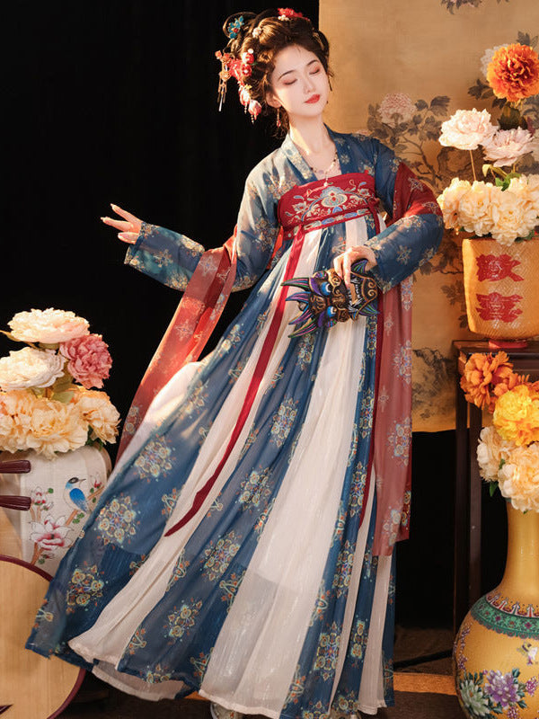red dress blue flowers Red Blue Tang Dynasty HanFu Dress – Oriental Me