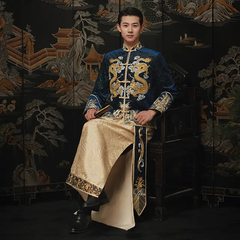 Blue Dragon Groom Wedding Tang Suit – Ma Gua Style