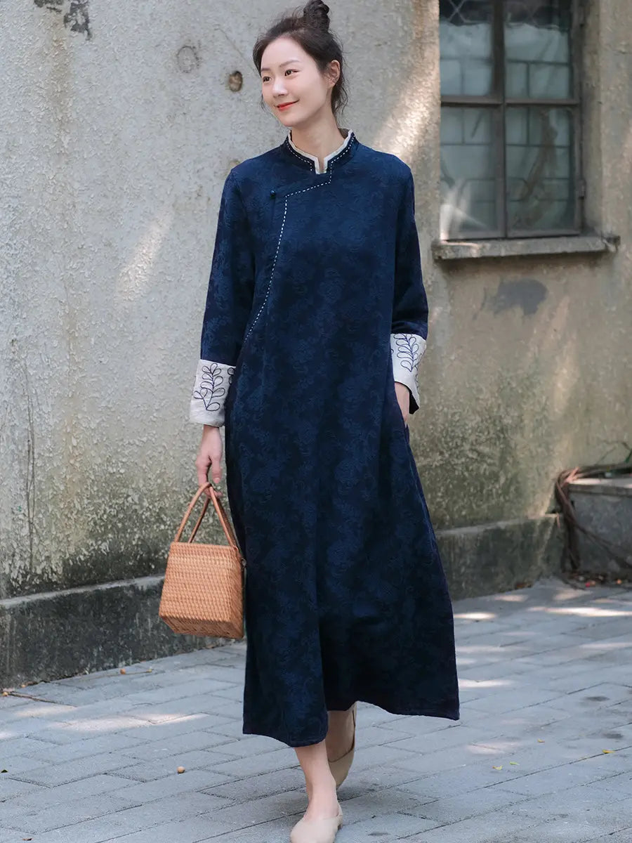 long sleeve cheongsam dress Green Floral Velvet Long Qipao Cheongsam Dress