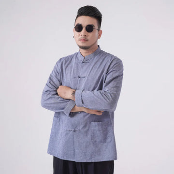 Blue Plus-Size Cotton Linen Chinese kongfu Tang Shirt