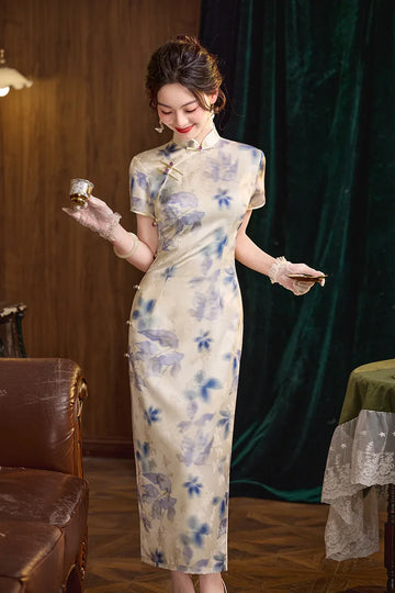 Blue Watercolor Floral Long Qipao cheongsam dress
