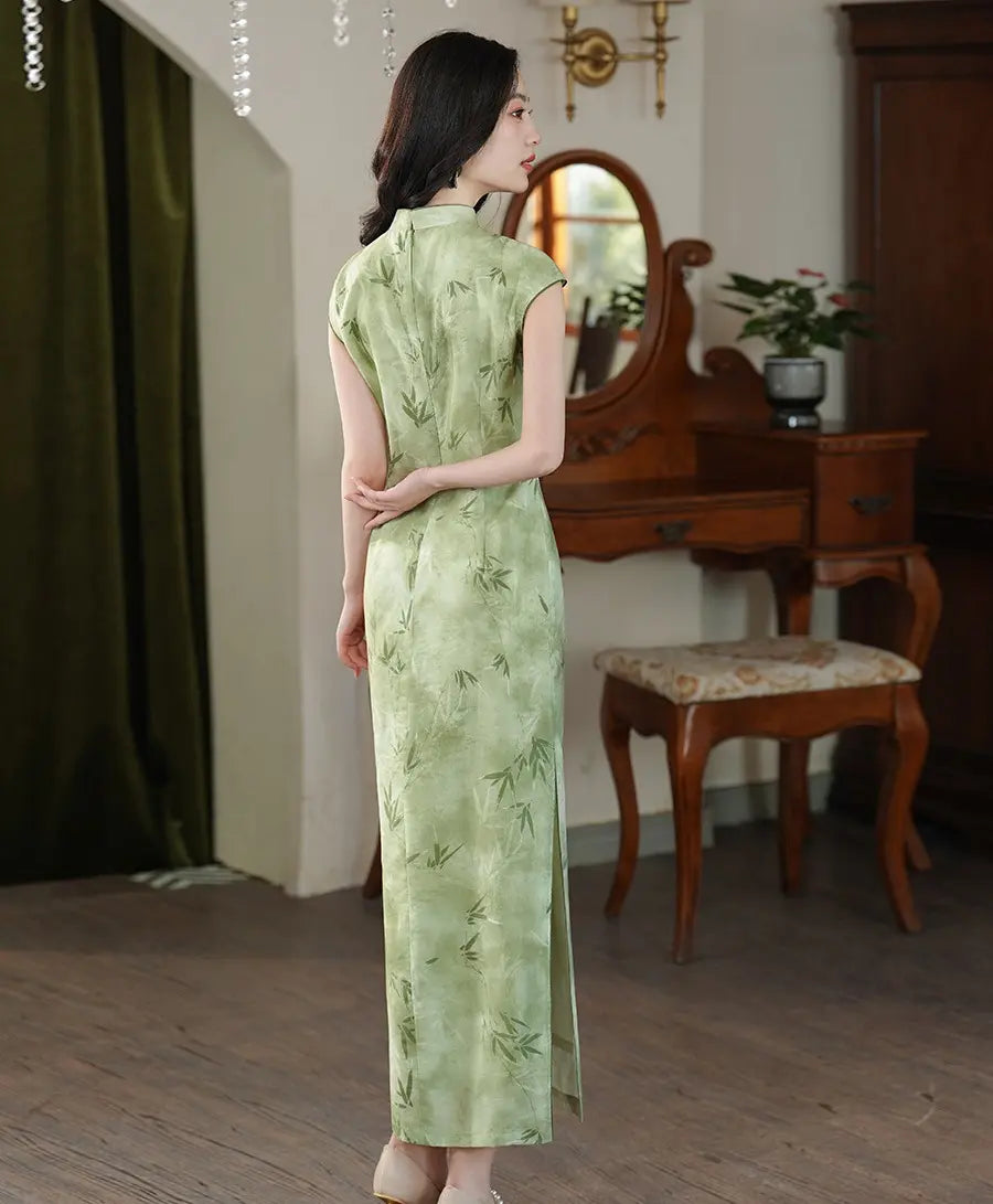Cap Sleeves Green Bamboo Print traditional chinese dress