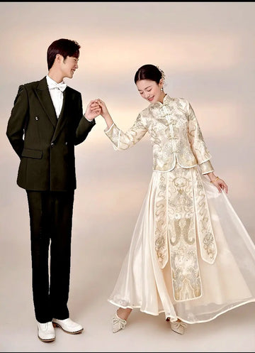 Chinese Bridal Ivory White & Gold-Toned Qun Kwa Dress
