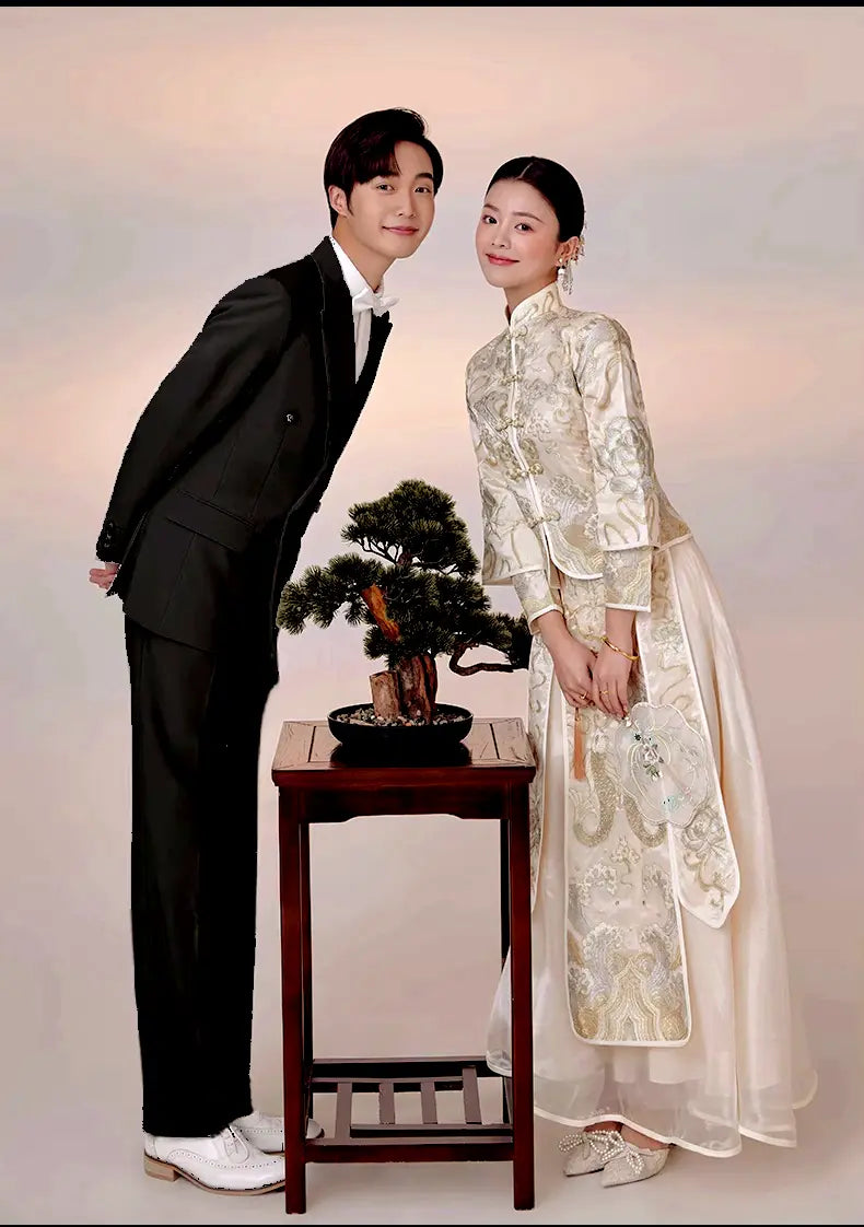 Chinese Bridal Ivory White & Gold-Toned tully Qun Kwa Dress