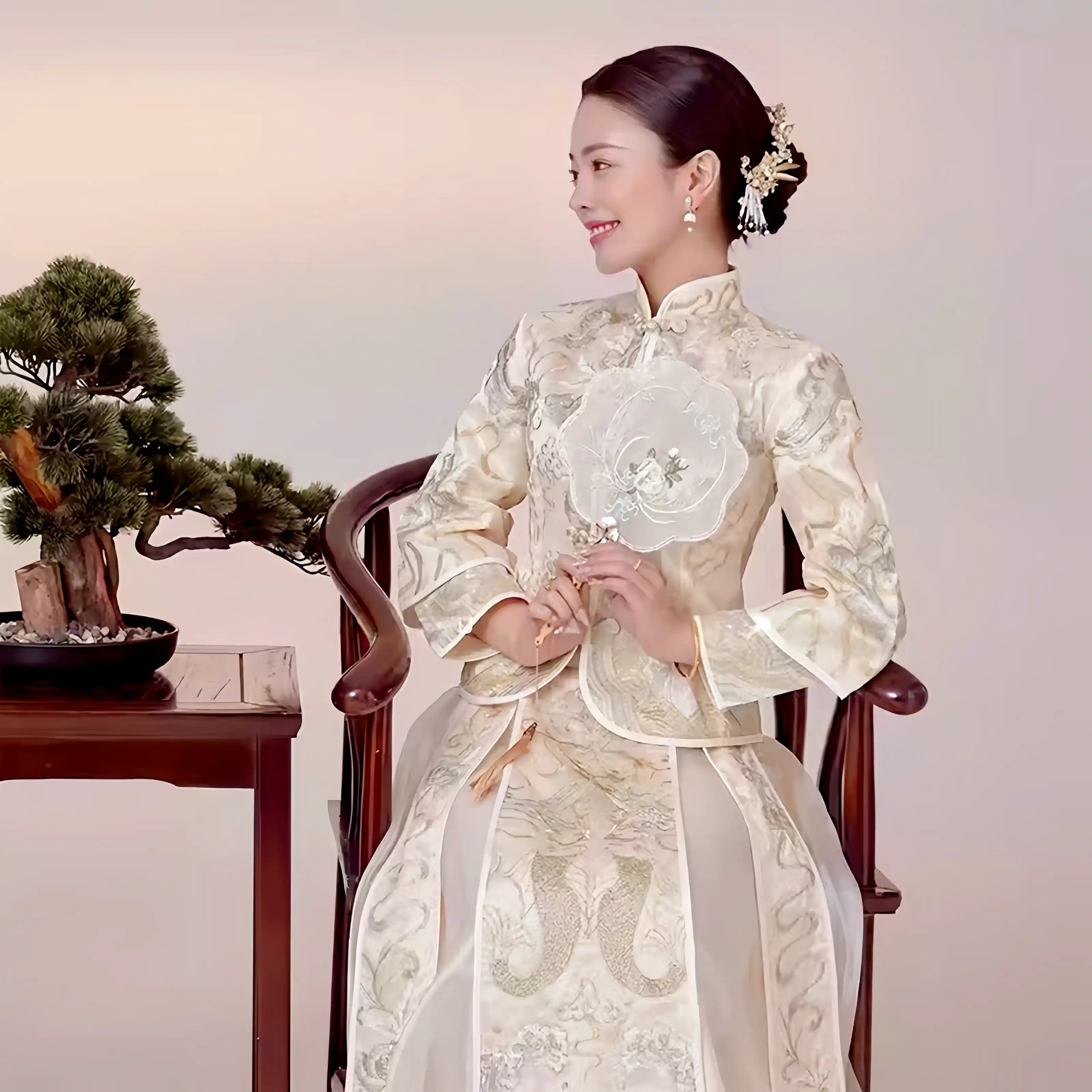 Chinese Bridal Ivory White & Gold-Toned modern Qun Kwa Dress
