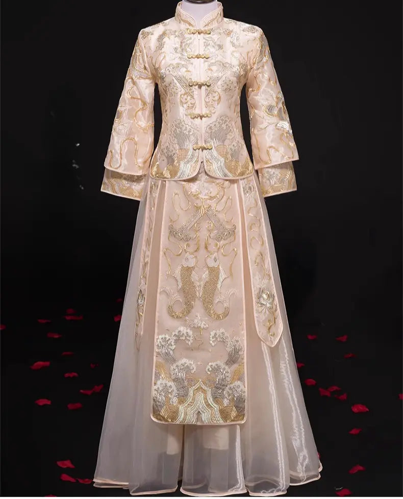 Chinese Bridal Ivory White & Gold-Toned modern Qun Kwa Dress