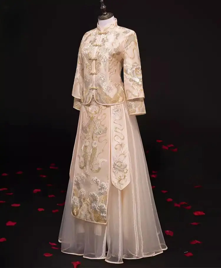 Chinese Bridal Ivory White & Gold-Toned modern Qun gua Dress