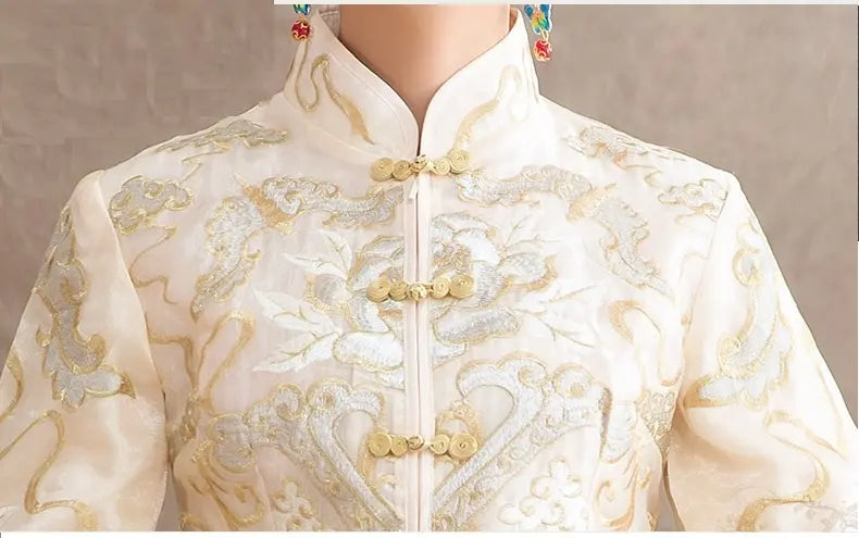 Chinese Bridal Ivory White & Gold-Toned modern Qun Kwa Dress