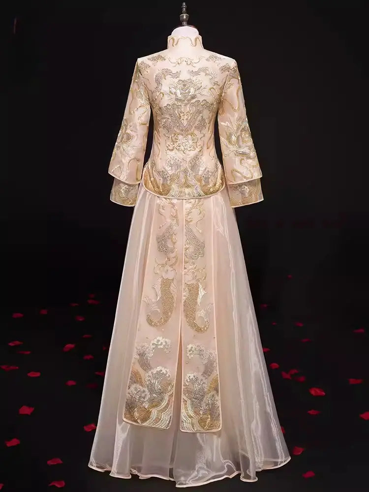 Chinese Bridal Ivory White & Gold-Toned modern Qun Kwa Dress