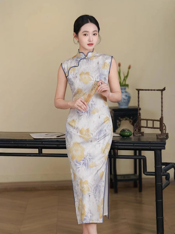 Chinese Sleeveless White Floral Qipao Dress with gold flower