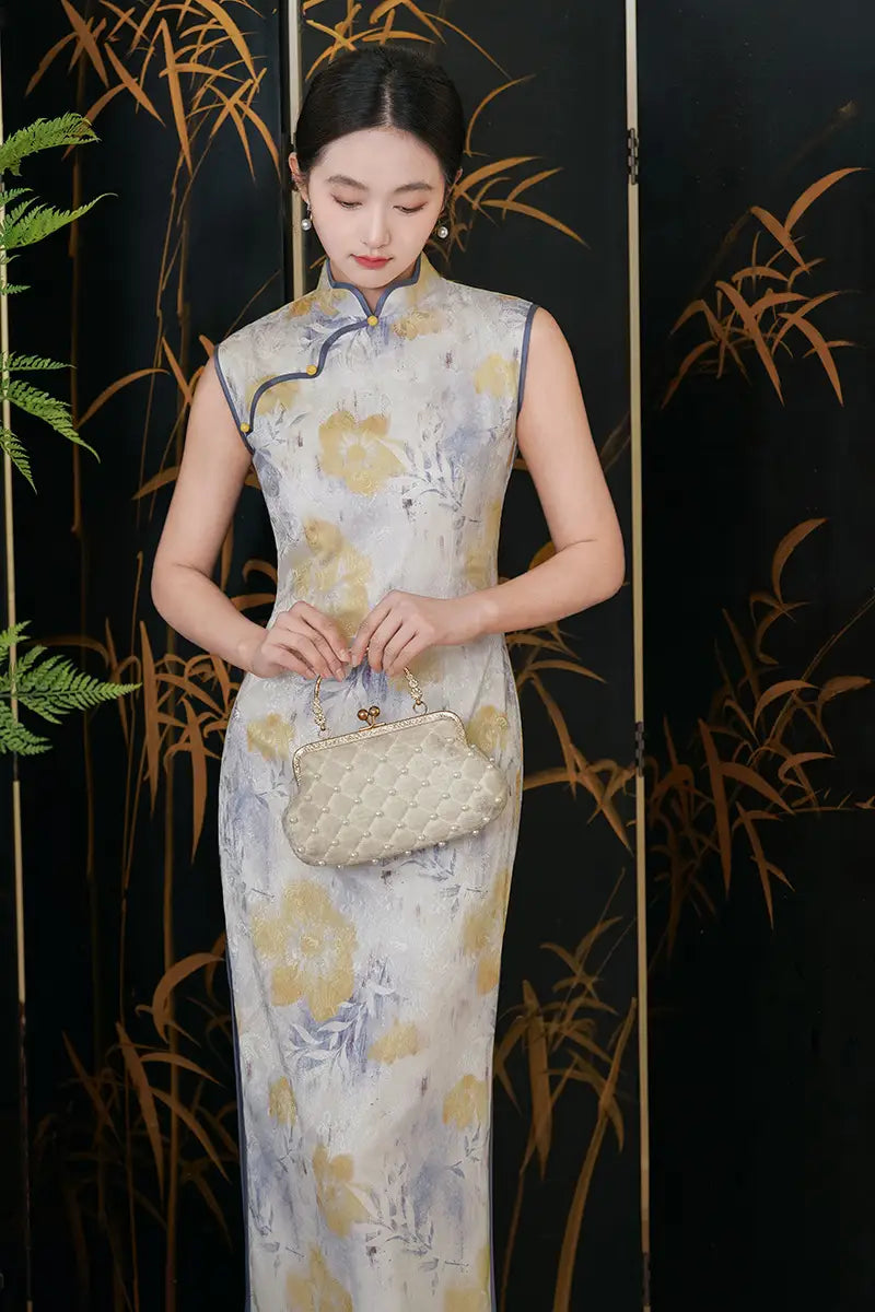 Chinese Sleeveless White Floral Qipao Dress with gold flower
