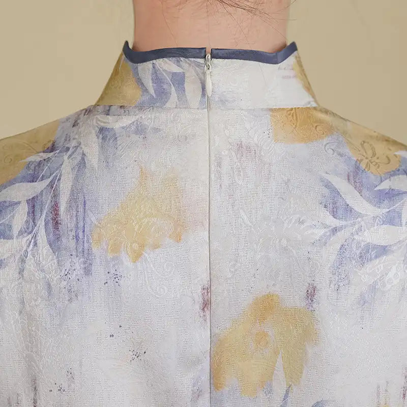 Chinese Sleeveless White Floral Qipao Dress with gold flower