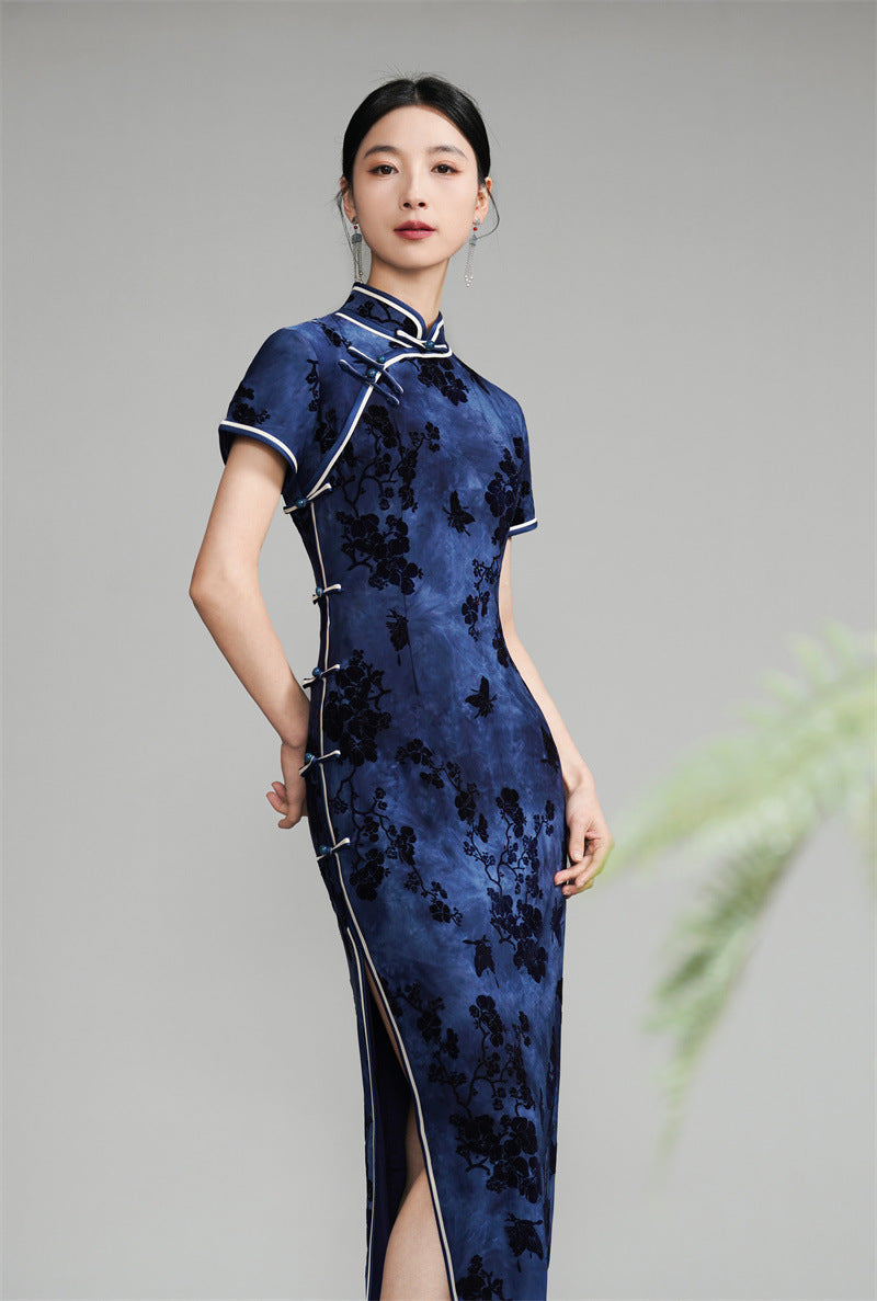 Dark Blue Floral Chinese Qipao Dress