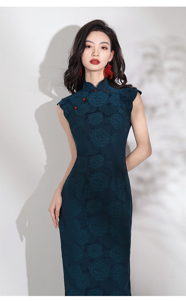 Dark Blue Floral Qipao Dress with Red Buttons