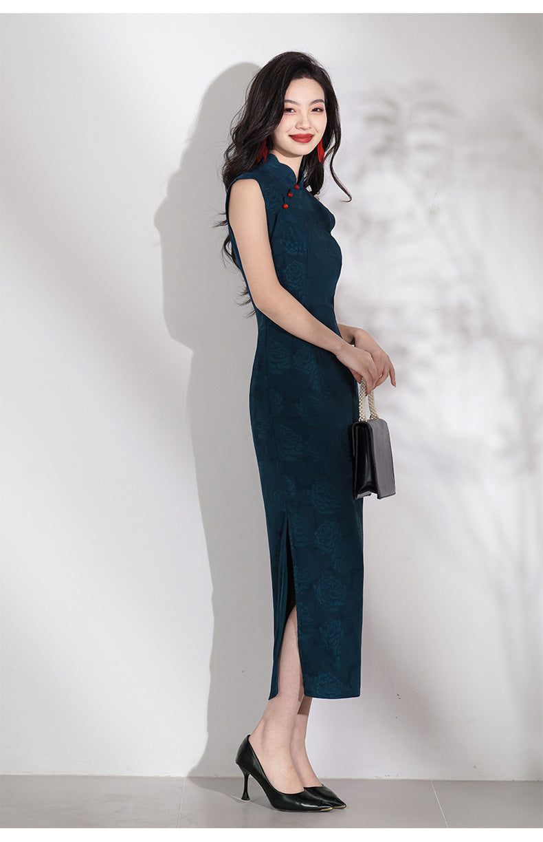 Dark Blue Floral sleeveless long cheongsam Dress with Red Buttons