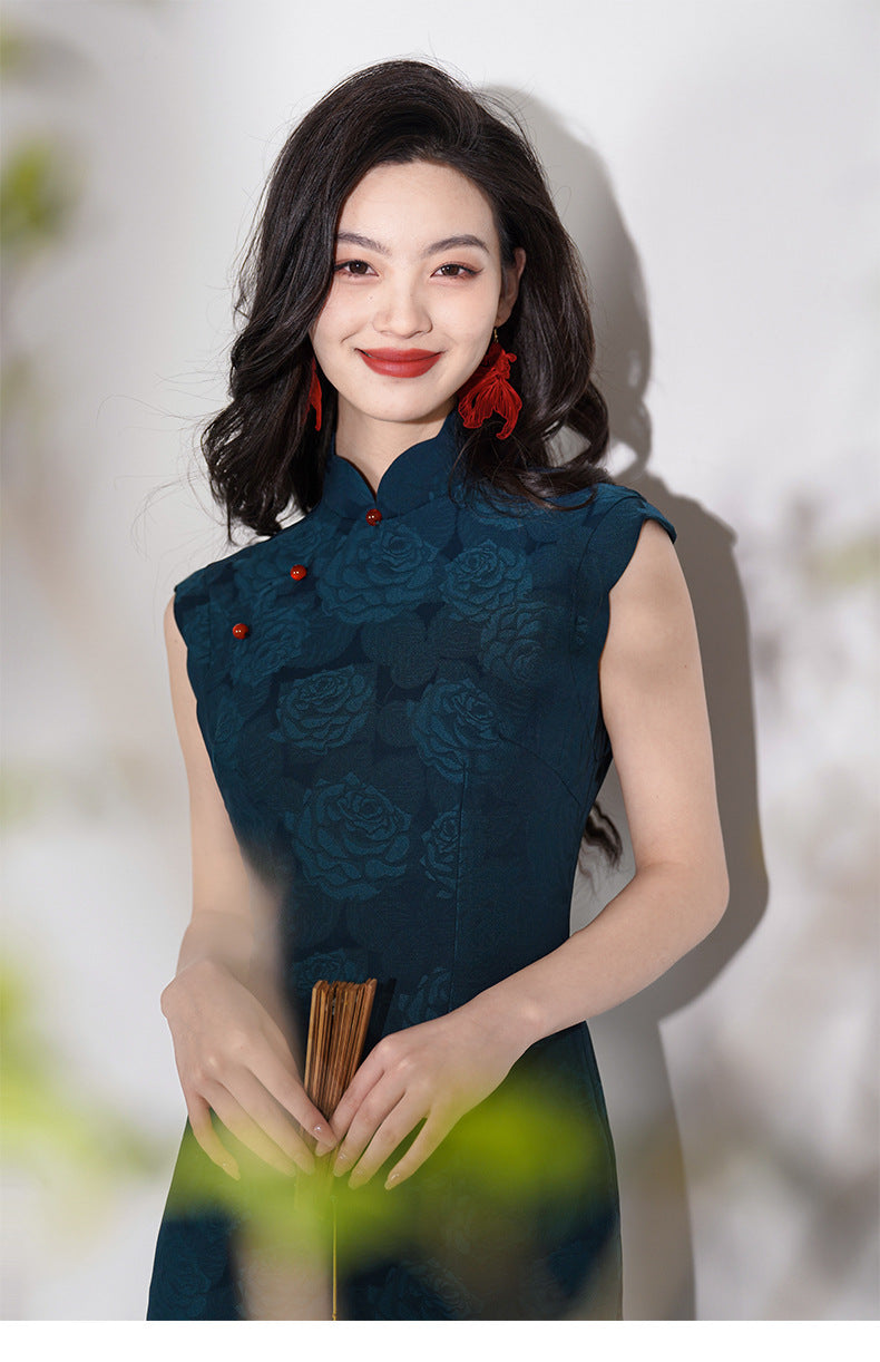 Dark Blue Floral sleeveless chinese dres Dress with Red Buttons for bridemaids