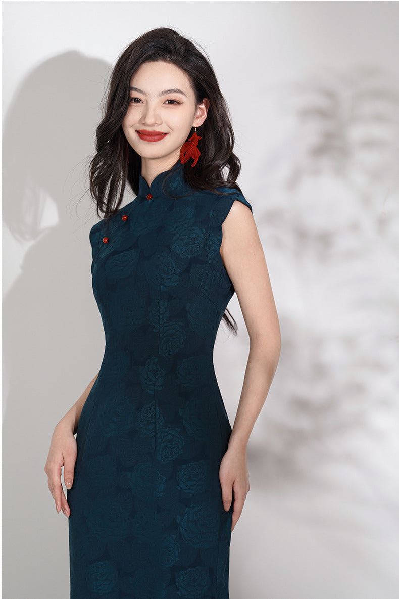 Dark Blue Floral sleeveless long modern cheongsam Dress with Red Buttons