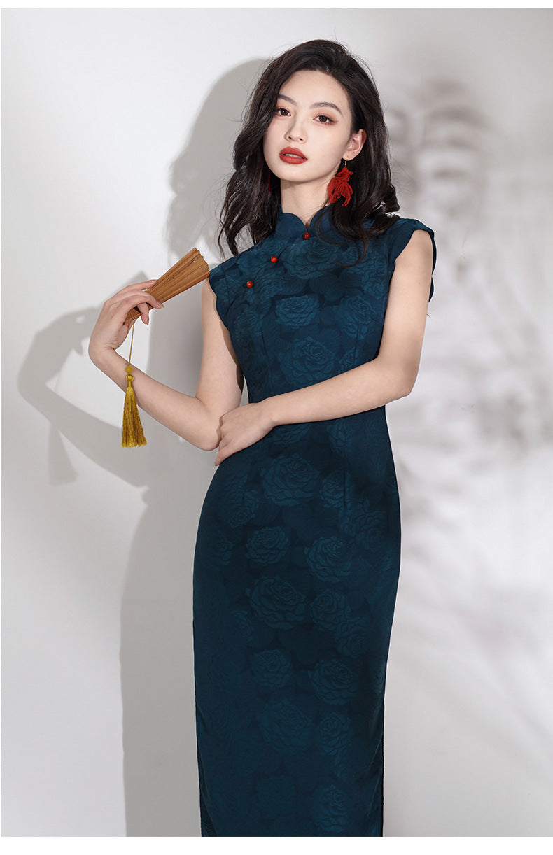 Dark Blue Floral sleeveless chinese dres Dress with Red Buttons for bridemaids