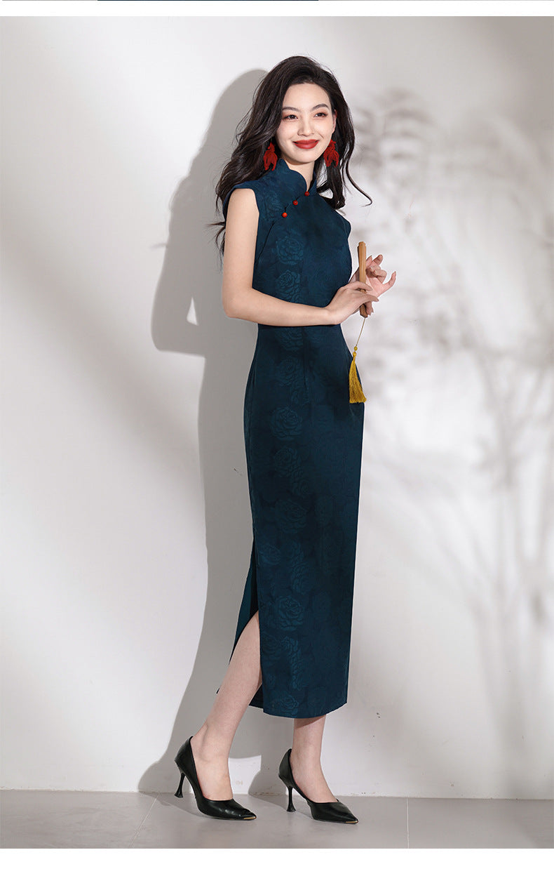 Dark Blue Floral sleeveless long modern chinese cheongsam Dress with Red Buttons