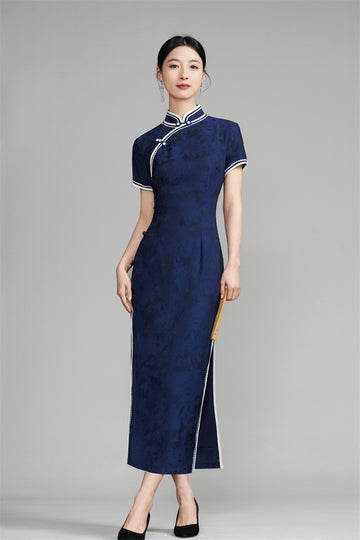 Dark Blue Short Sleeves Floral Jacquard Qipao Dress