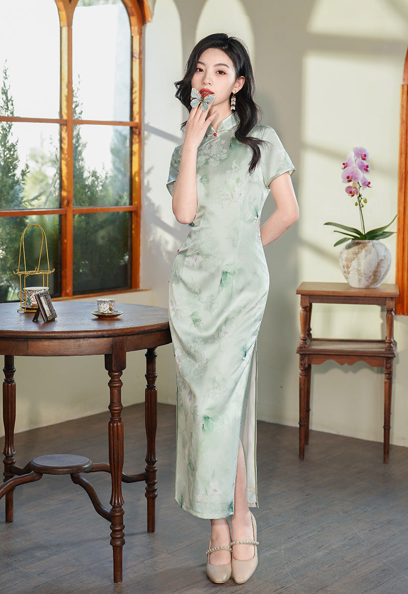 Elegant Green short sleeves Floral chinese dress qipao