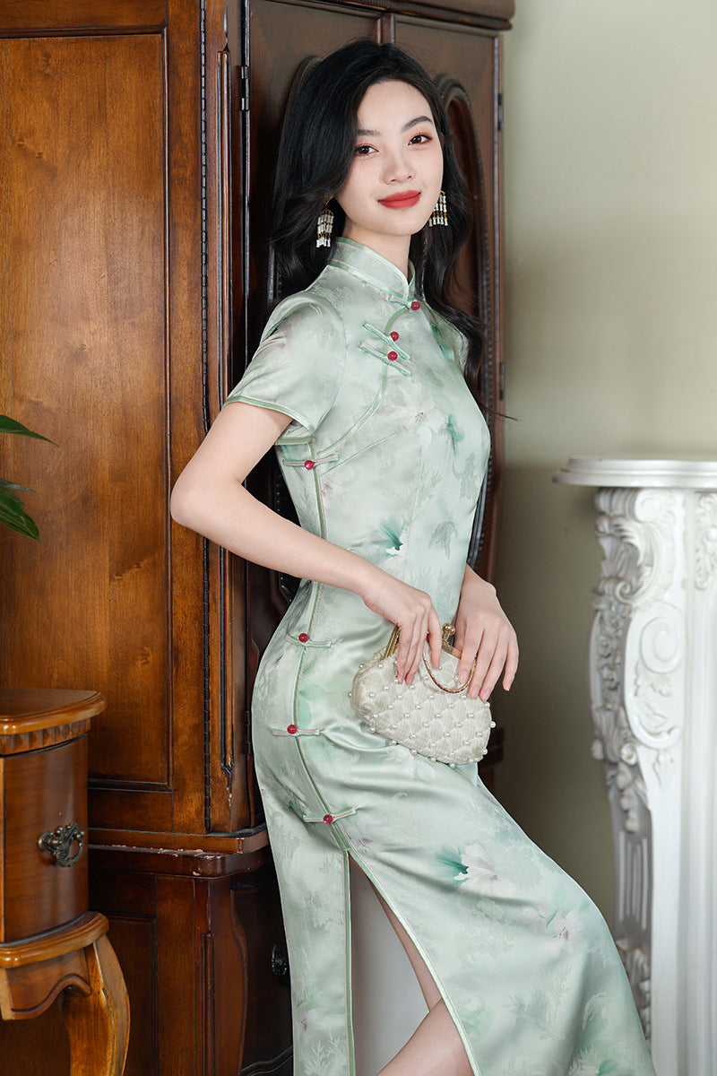 Elegant Green short sleeves Floral chinese dress qipao for prom
