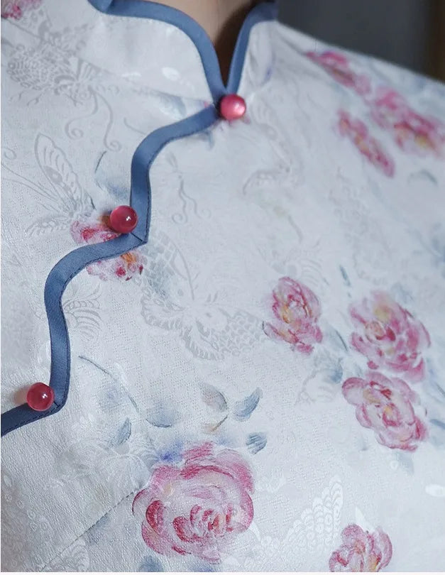 Elegant Traditional Chinese Sleeveless Summer white  floral qi pao dress