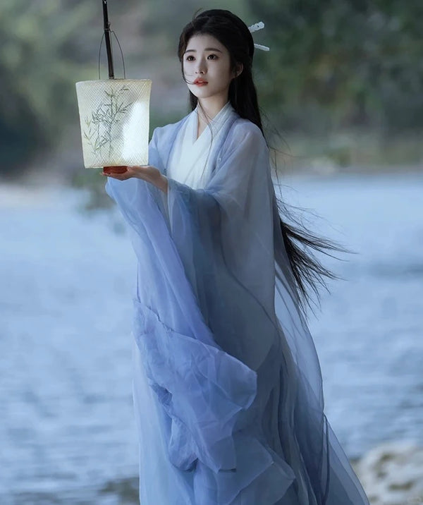 Ethereal Blue Wei-Jin Style Chinese Hanfu Dress – Flowing Chiffon Robes