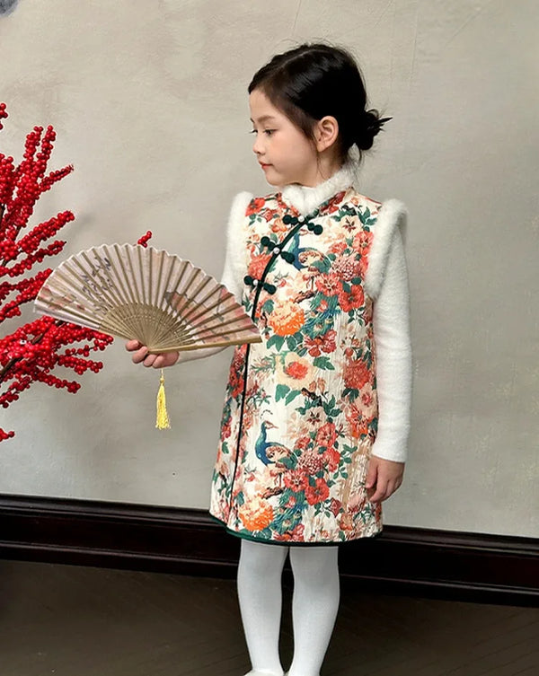 Green floral Quilted  Vest Qipao Dress for kid