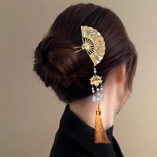 Gold & blue Oriental Fan Hairpin With Tassel