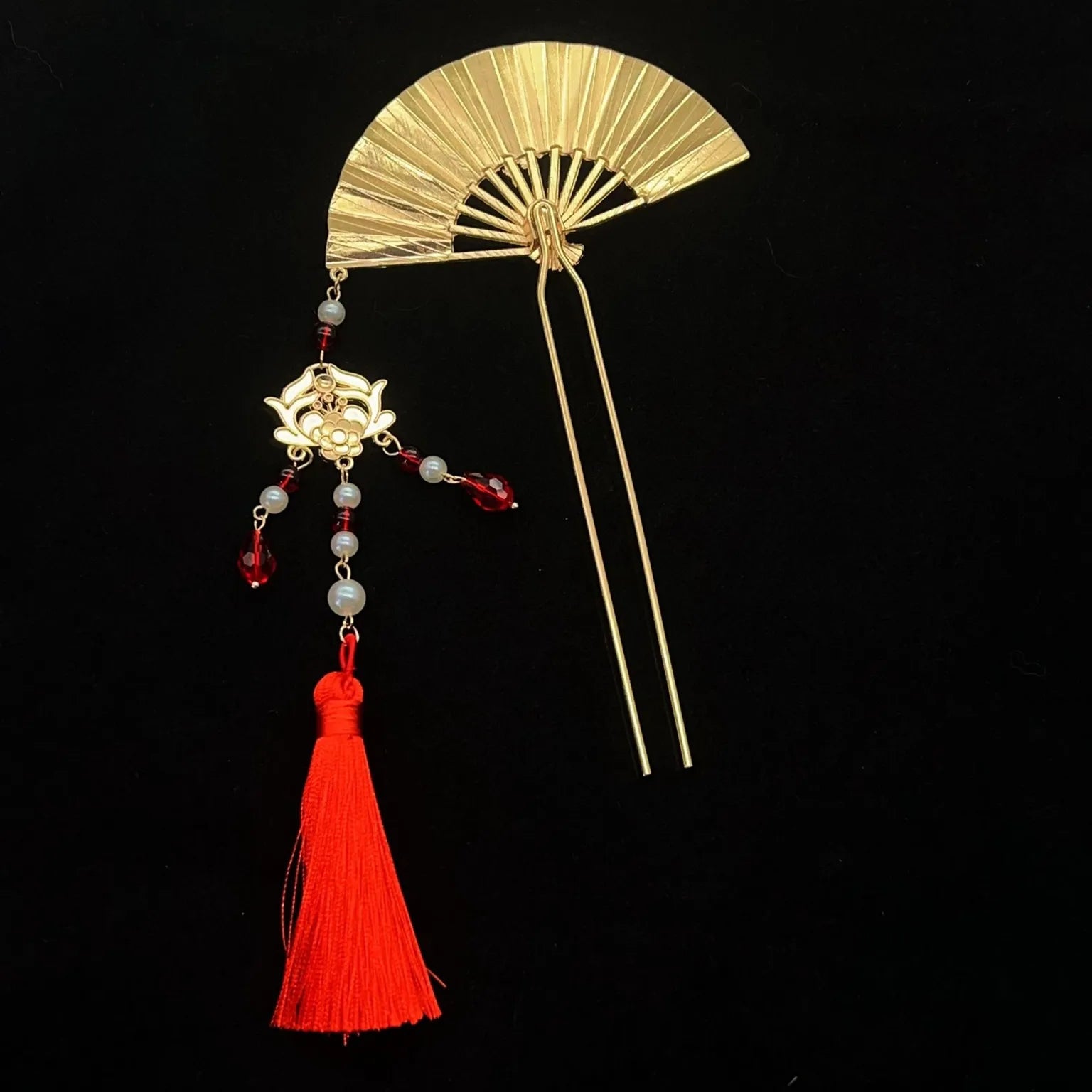 Gold & Red Oriental Fan Hairpin With Tassel