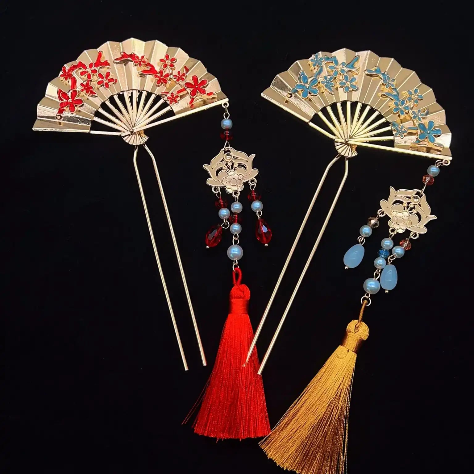 Gold & Red Oriental Fan Hairpin With Tassel