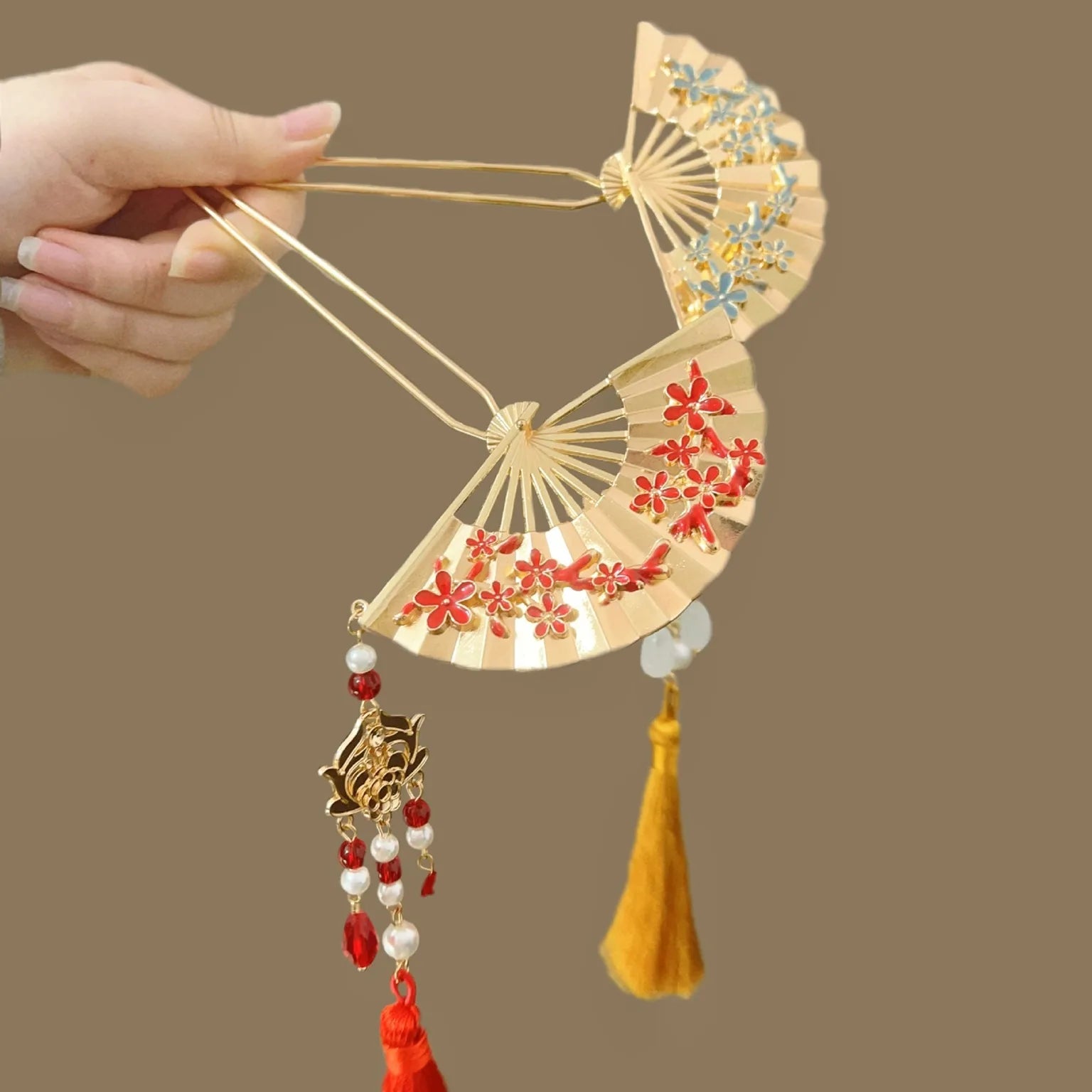 Gold & Red Oriental Fan Hairpin With Tassel