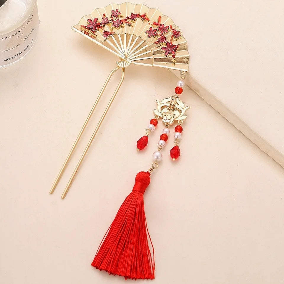 Gold & Red Oriental Fan Hairpin With Tassel