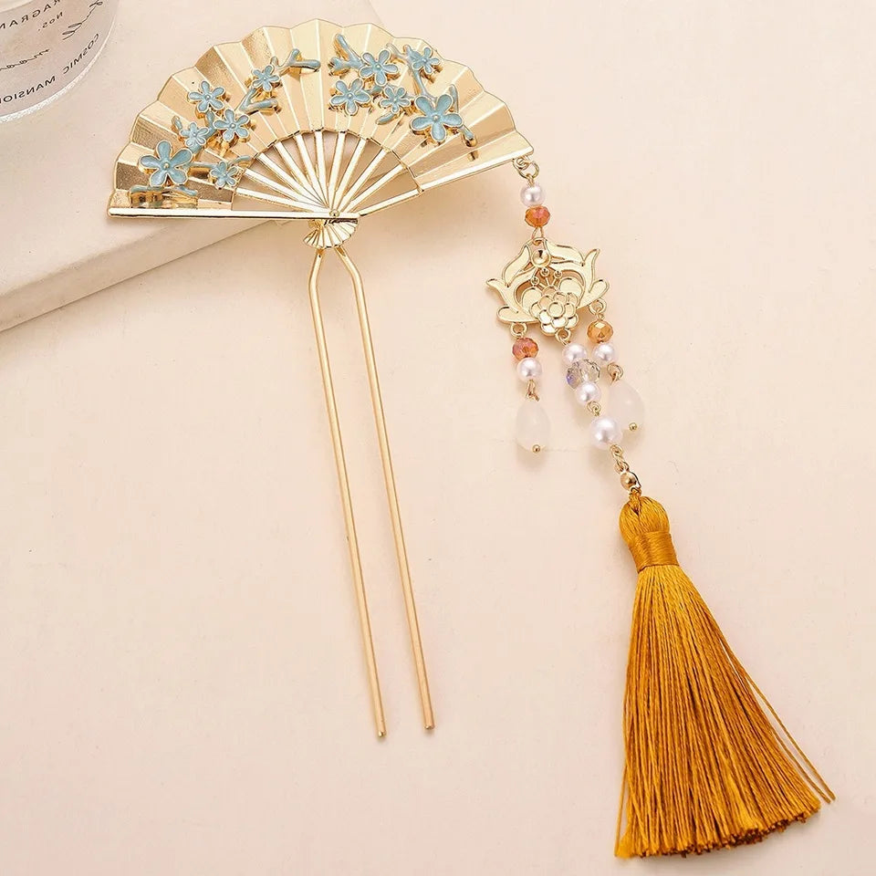 Gold & Red Oriental Fan Hairpin With Tassel