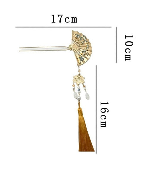 Gold & Red Oriental Fan Hairpin With Tassel
