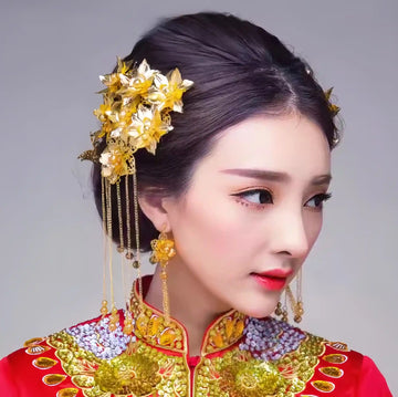 Golden Bridal Flower Hairpieces Set for chinese wedding and tea ceremony