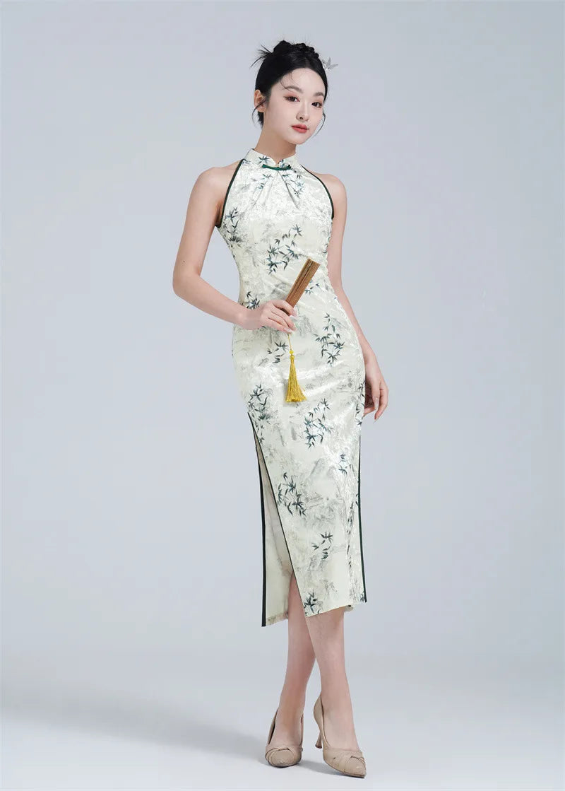 White and Green Halter Neck Velvet Modern Qi pao dress for summer