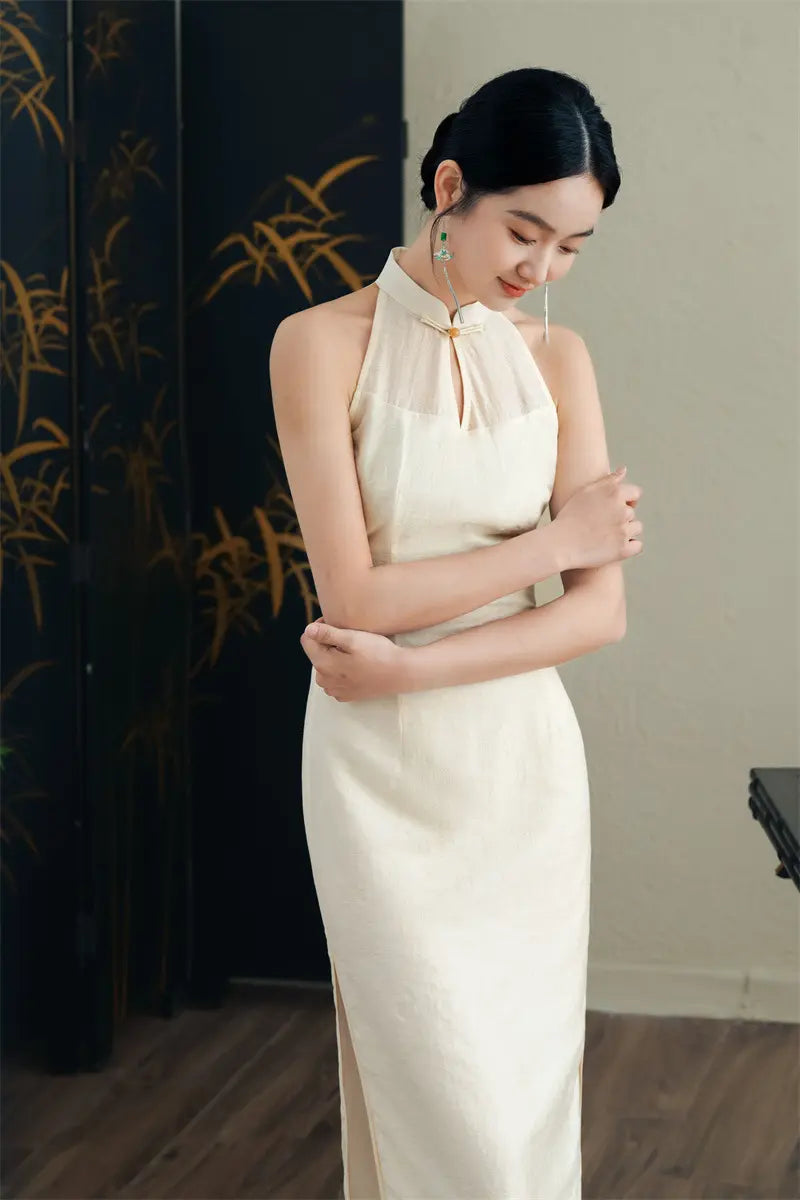 Ivory White Halter Neck Midi Cheongsam Qipao Dress